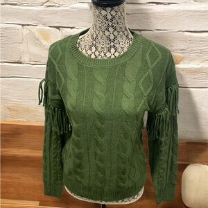Green Crew Neck Sweater with Cable Knit and Fringed Sleeves